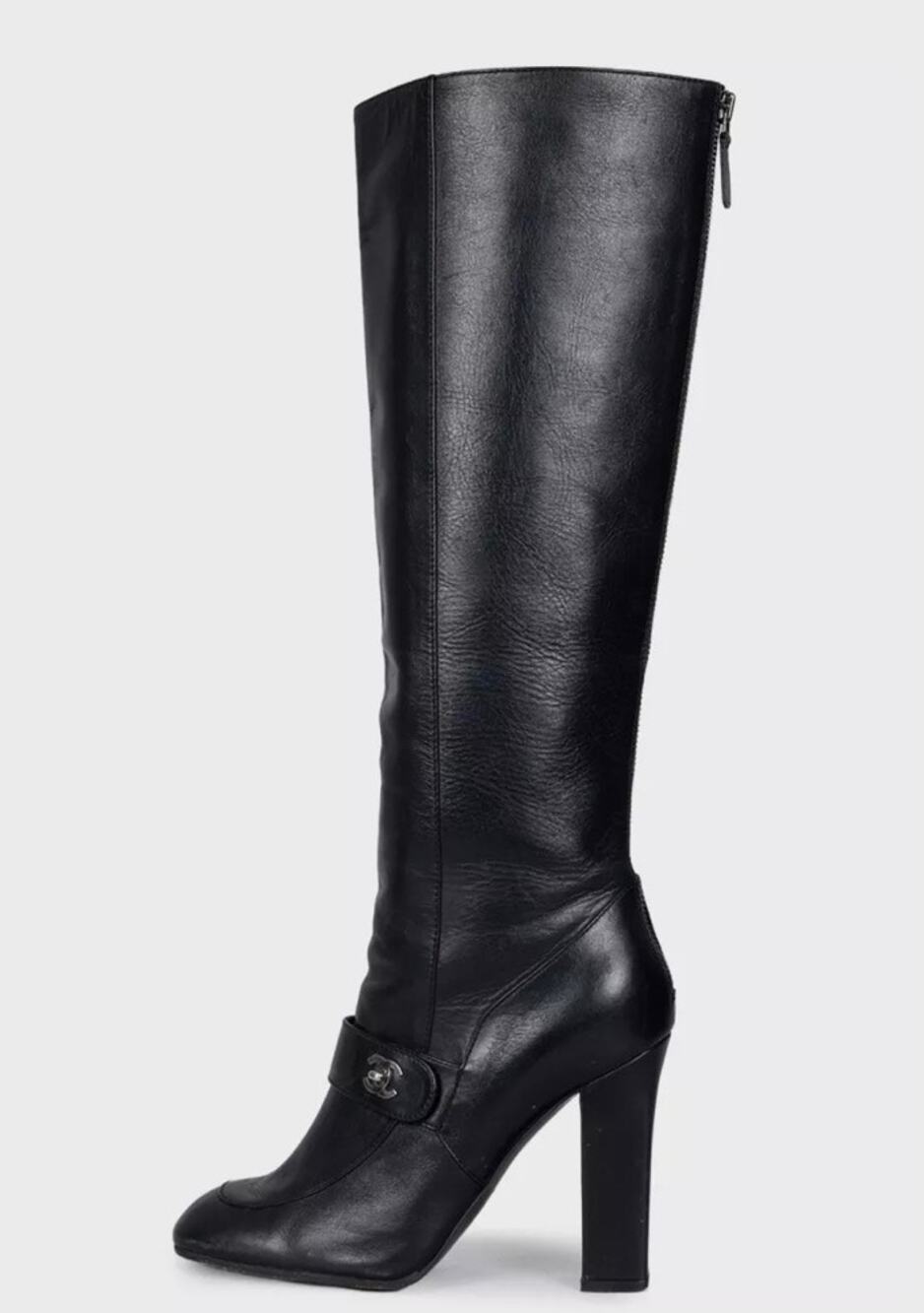 CHANEL Black Leather Silver CC Logo Knee High Boots 38.5